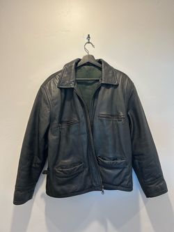 Vintage Barneys New York Black Leather Shell Green Inlining Jacket Men's Small