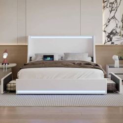 Upholstered Bed White Metal Frame Queen Platform Bed Frame with Underbed Storage Drawers,RGB Lights and Charging Station