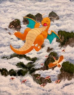 Dragonite Sleeping in the Clouds Acrylic Painting