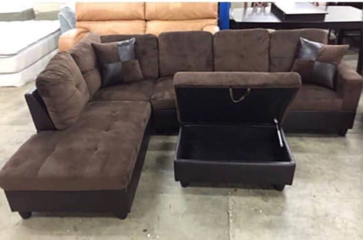 New Chocolate Brown Sectional Sofa Microfiber Couch Include FREE Ottoman And 2 Pillows 