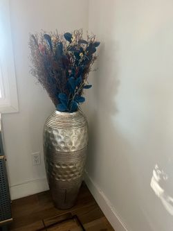 Large Silver Hammered Metal Floor Vase