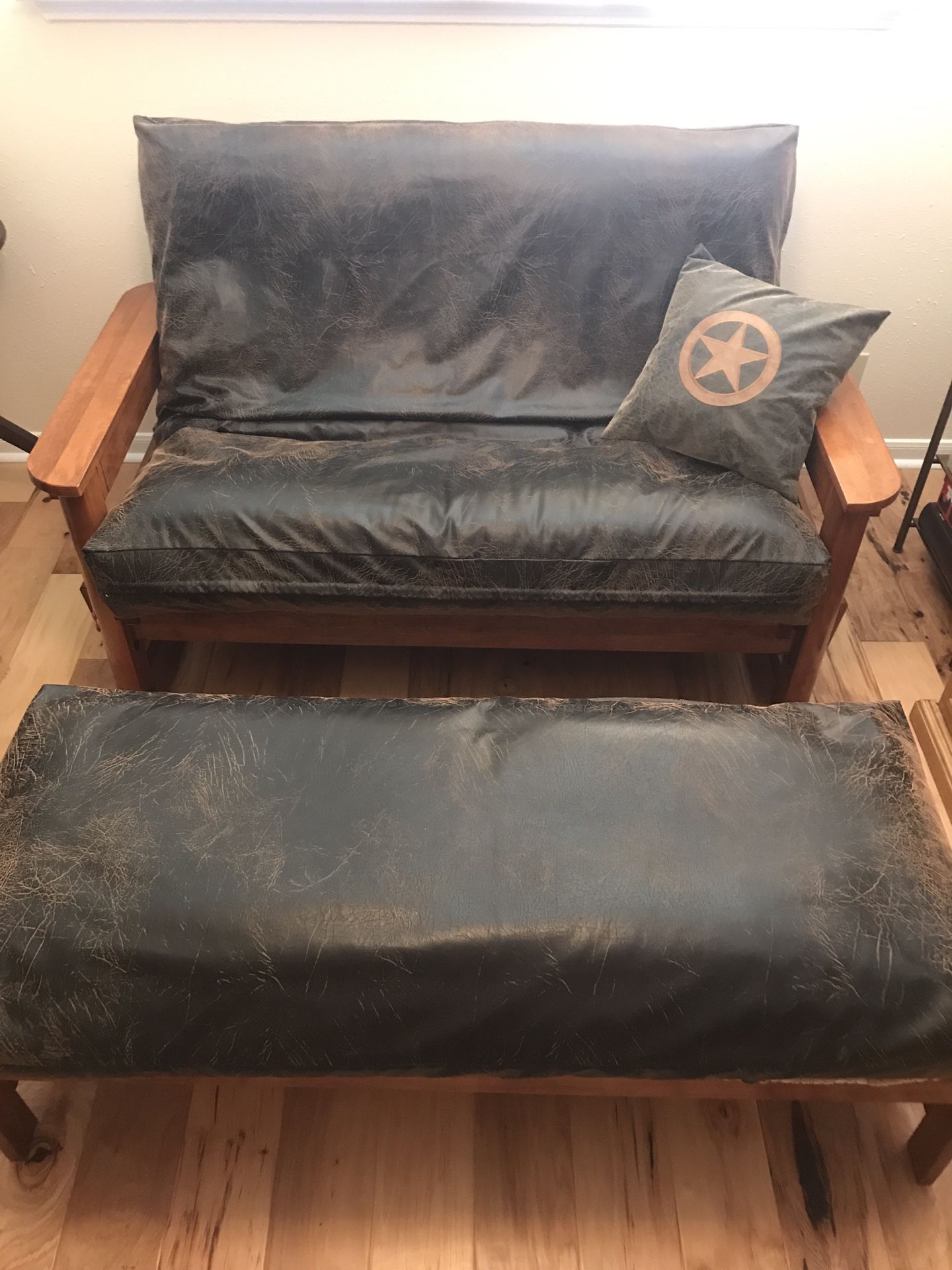 Leather & wood Loveseat/ Ottoman/ Futon