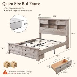 Farmhouse Queen Size Bed Frame with 54" Tall Bookcase Headboard - Light Rustic Oak