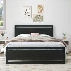 Black Oak Queen Size Bed Frame With Wooden Square Footboard