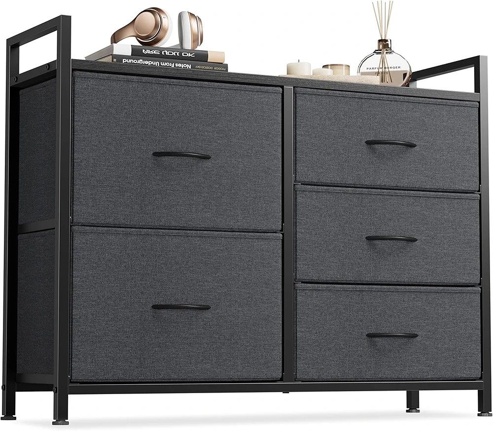 Cubiker Dresser for Bedroom with 5 Drawers, Wide Chest of Drawers, Organizer Unit with Fabric Bins for Bedroom, Hallway, Entryway, Closets, Wood Top,