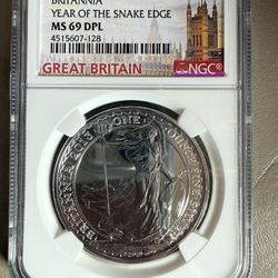 2013 1oz NGC MS69 DPL BRITANNIA YEAR OF THE SNAKE EDGE SILVER COIN 