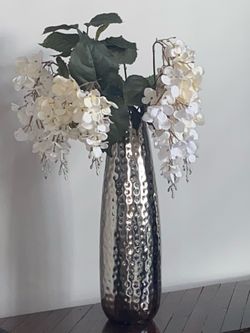 Unique Hammered Silver Tone Metal Vase With or Without Silky FlowersH17”
