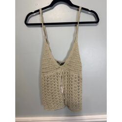 Crochet Tank Top Women L Beige NWT Tie Front Open Knit Vest