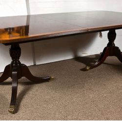 Mahogany Double Pedestal Dining Table With Two Leaves And Brass Claw Feet With 8 Ball And Claw Feet Chairs