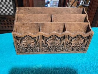 Vintage Lerner Faux Carved Wood Desk Organizer Letter Mail Sorter Caddy MCM Boho