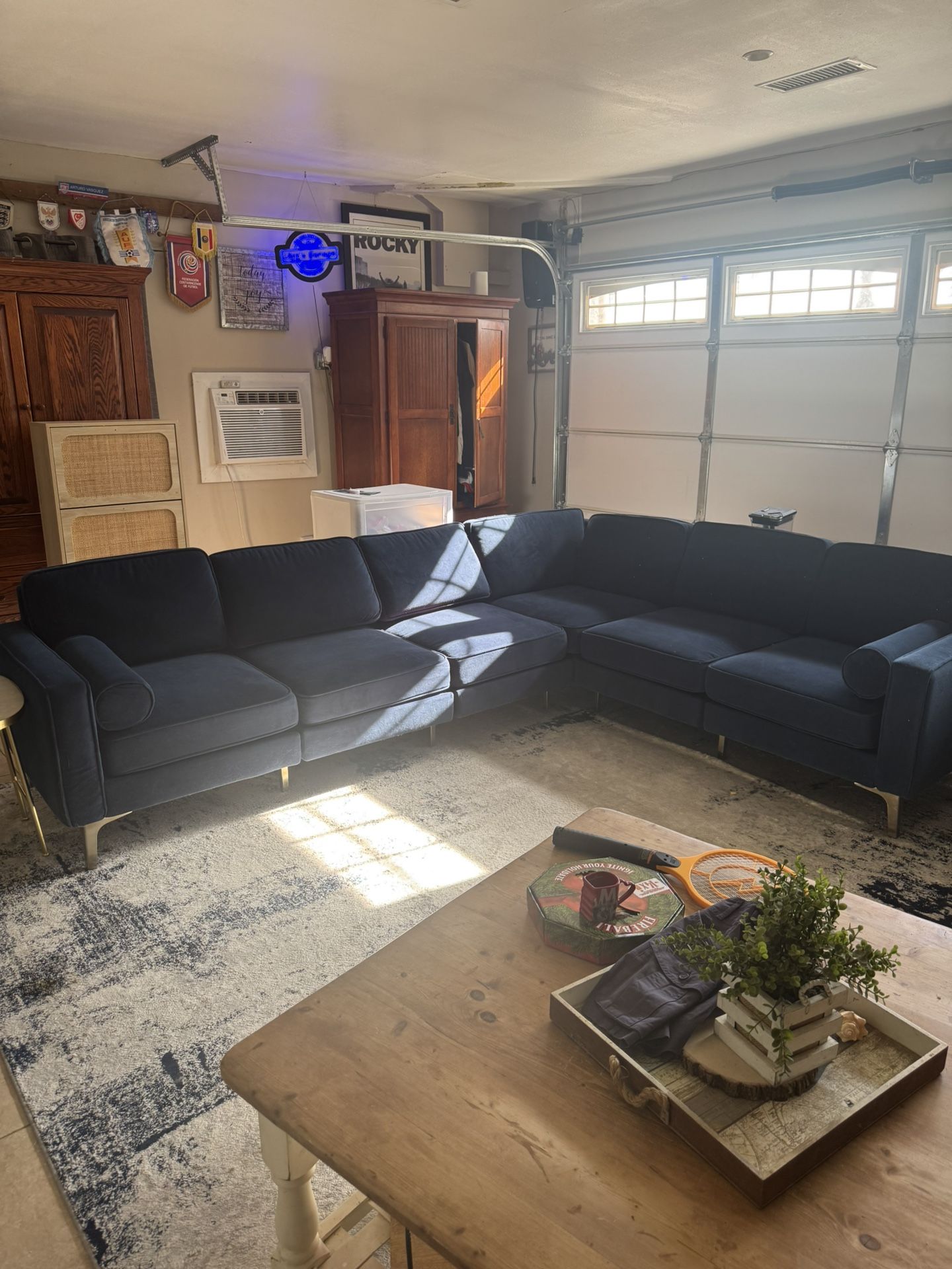 Burrow Navy Blue Velvet Sectional Couch