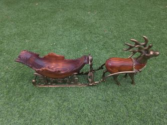 Vintage Brass & Wood Reindeer and Sleigh Set