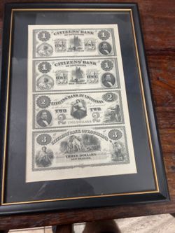 Framed Citizens’ Bank of Louisiana Antique Bank Notes – $1, $1, $2 & $3 Obsolete Currency