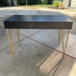 Pine 2 Drawer Desk In Black with Gold Legs