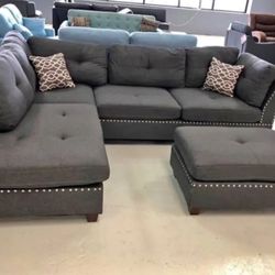 Brand New Grey Linen Sectional Sofa +Ottoman (New In Box) 