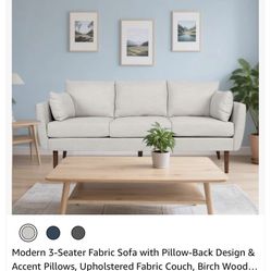 Modern 3-Seater Fabric Sofa with Pillow-Back Design & Accent Pillows, Upholstered Fabric Couch, Birch Wood Legs - Contemporary Living Room Furniture (