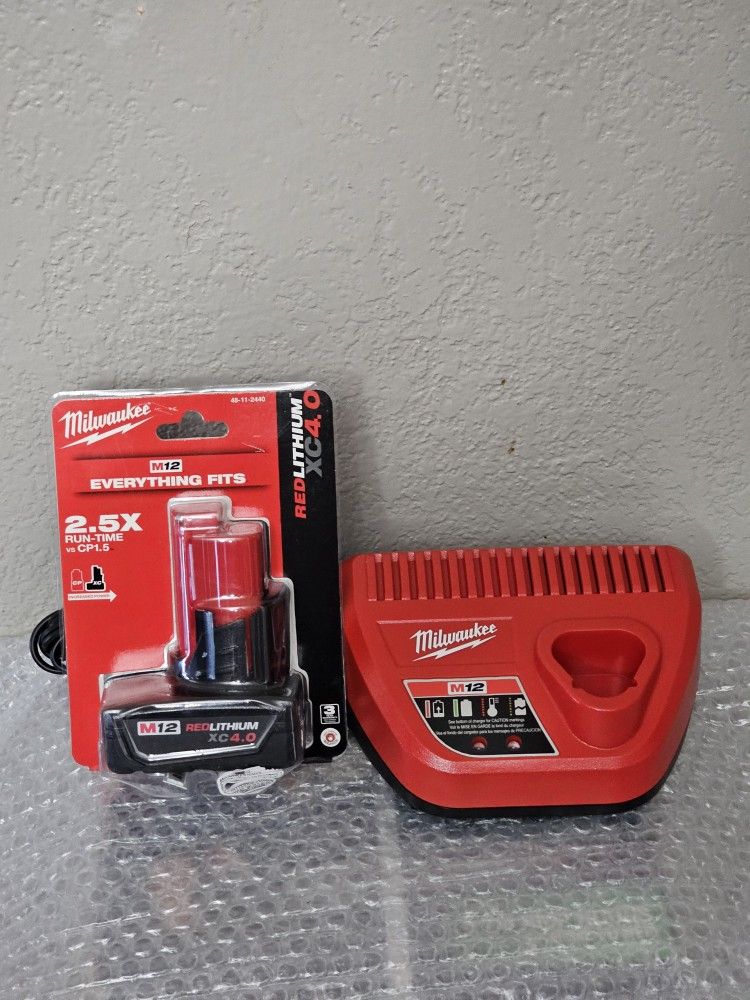 Milwaukee M12 12-Volt Lithium-Ion XC Battery Pack 4.0 Ah and Charger Starter Kit Brand New 