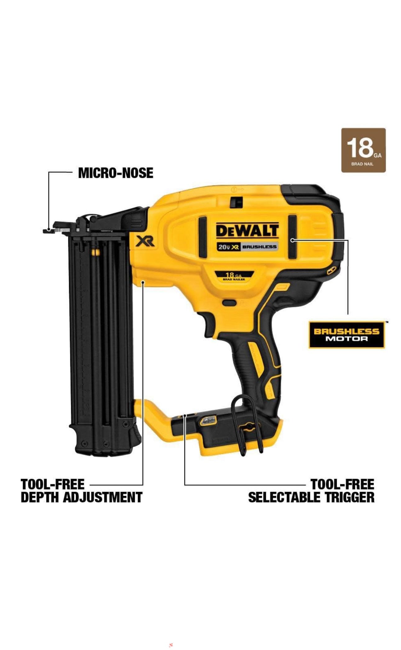 DEWALT DCN680B 20V MAX* XR® 18 GA Cordless Brad Nailer
