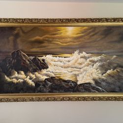 Large Framed Seascape Painting Ocean Waves Gold Frame Wall Art