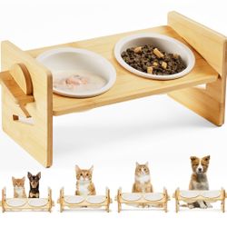 Ceramic Elevated Cat Bowls - 15 Raised Bowl for Indoor Cats & Small Dogs, Natural Bamboo, Anti Vomiting, Dishwasher Safe