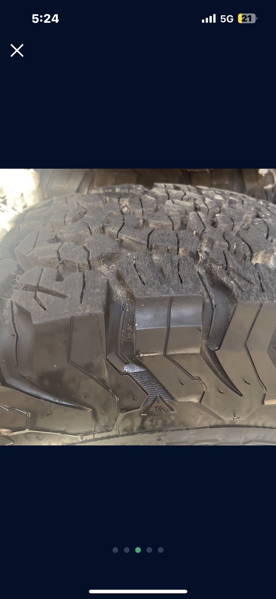 set of 5 BF Goodrich K02 265 70/r17 all terrain tires with toyota rims