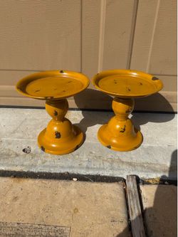 Vintage Distressed Mustard Yellow Metal Pedestal Candle Holders – Set of 2