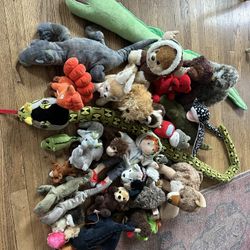 Assortment Of 36 Stuffed Animals & Fabric Storage Bins