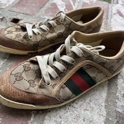 Gucci Brown Monogram Low Top Sneaker Green and Red Stripe