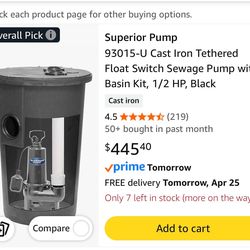 SUMP PUMP Superior Pump 93015-U Cast Iron Tethered Float Switch Sewage Pump with Basin Kit, 1/2 HP, Black