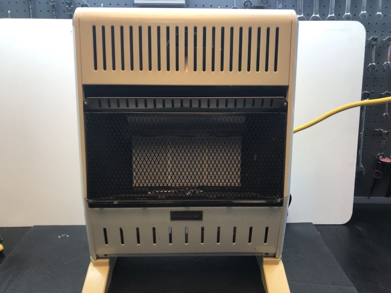 CharmGlow CGN180TP Floor Space Heater, Natural Gas, 18,000BTU with Fan, Vent Free and Built in thermostat. MEASURES 26” tall by 19” wide by 8” front