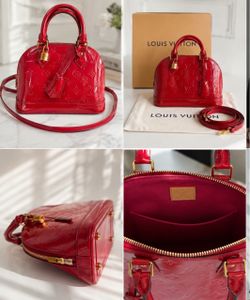 Authentic Louis Vuitton Red Vernis Alma BB Bag + Strap, Dust Bag & Box