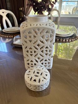 12" White Carved Square Ginger Jar
