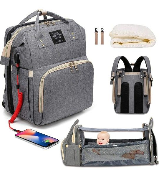 3 in 1 Diaper Bag Backpack with Folding Crib,Portable Sleeping Mommy Bag Include Insulated Pocket, Diaper Bag Backpack Changing Station