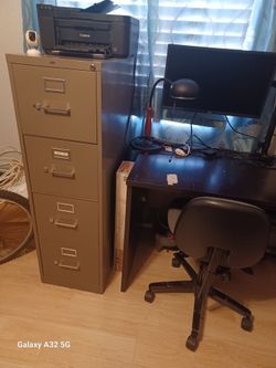 Computer monitors, stand,  desk,  chair, printer, and file cabinet