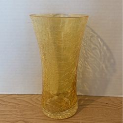 Vintage 9 inch amber yellow crackle vase Small chip on rim see Last Photo  B2