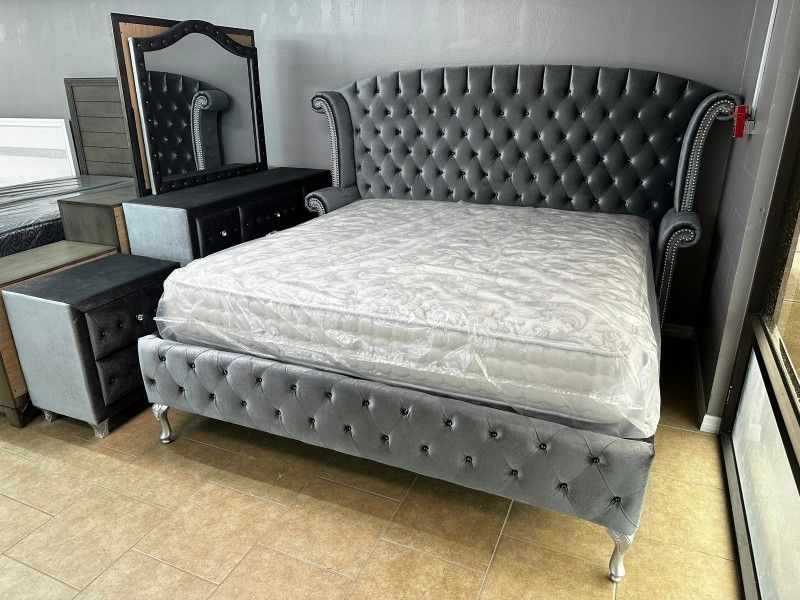 Grey Velvet King Bedroom Set