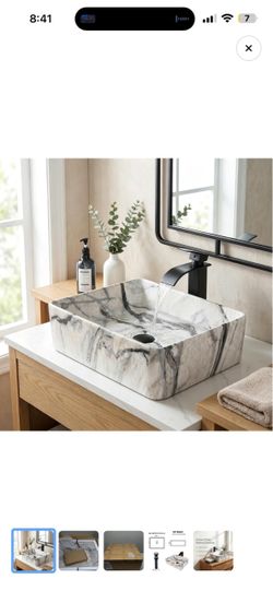 19x15 Inch Bathroom Vessel Sink Above Counter, Rectangle White Marbling Ceramic Sink Bowl for Bathroom