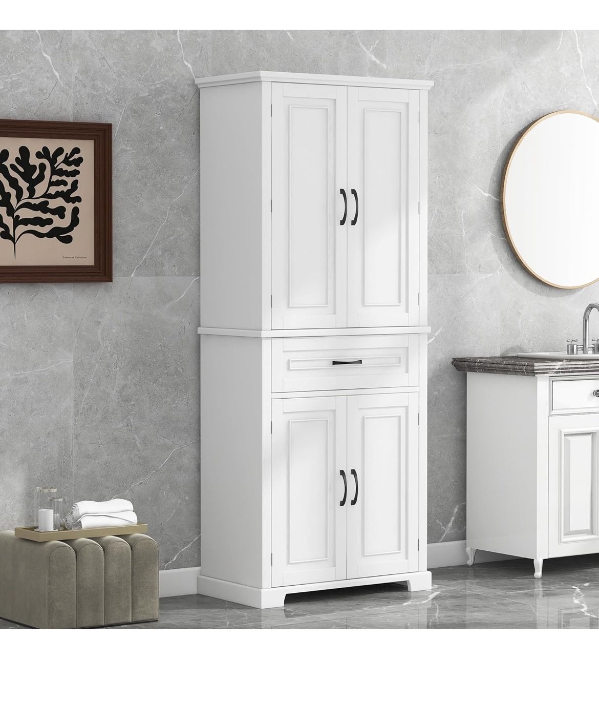 As is 72'' Tall Storage Cabinet with 4 Doors, 5 Adjustable Shelves, White