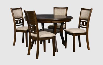 BROWN CHERRY WOOD ROUND KITCHEN DONING TABLE SET 4