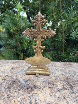 Gold Cast Iron Ornate Cross Figurine