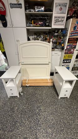 White Twin Bed frame plus 2 nightstand with charger