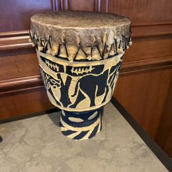 African Hand Carved Djembe Drum Animal Motif Skin Top Tribal Instrument Malawi
