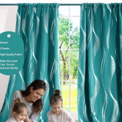 Deconovo Blackout Curtains, Room Darkening Window Drapes for Bedroom and Living Room, Thermal Insulated Striped Blackout Curtains, Turquoise/Back Tab,