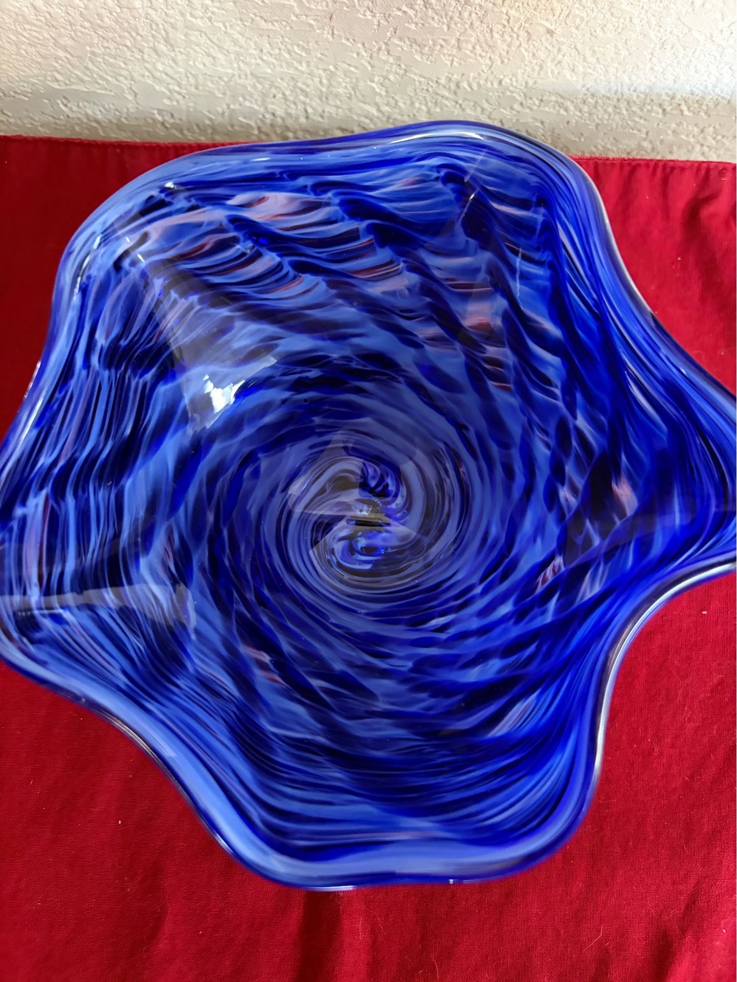 Blue Swirl Ruffled Art Glass Bowl