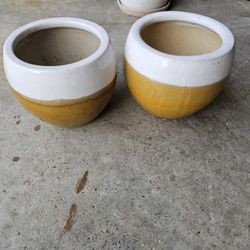 Two Creme & Yellow Plant Holders  Each 6" H X 6" W 