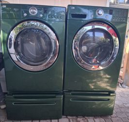 LG washer front loader extra large capacity and gas dryer set with pedestal