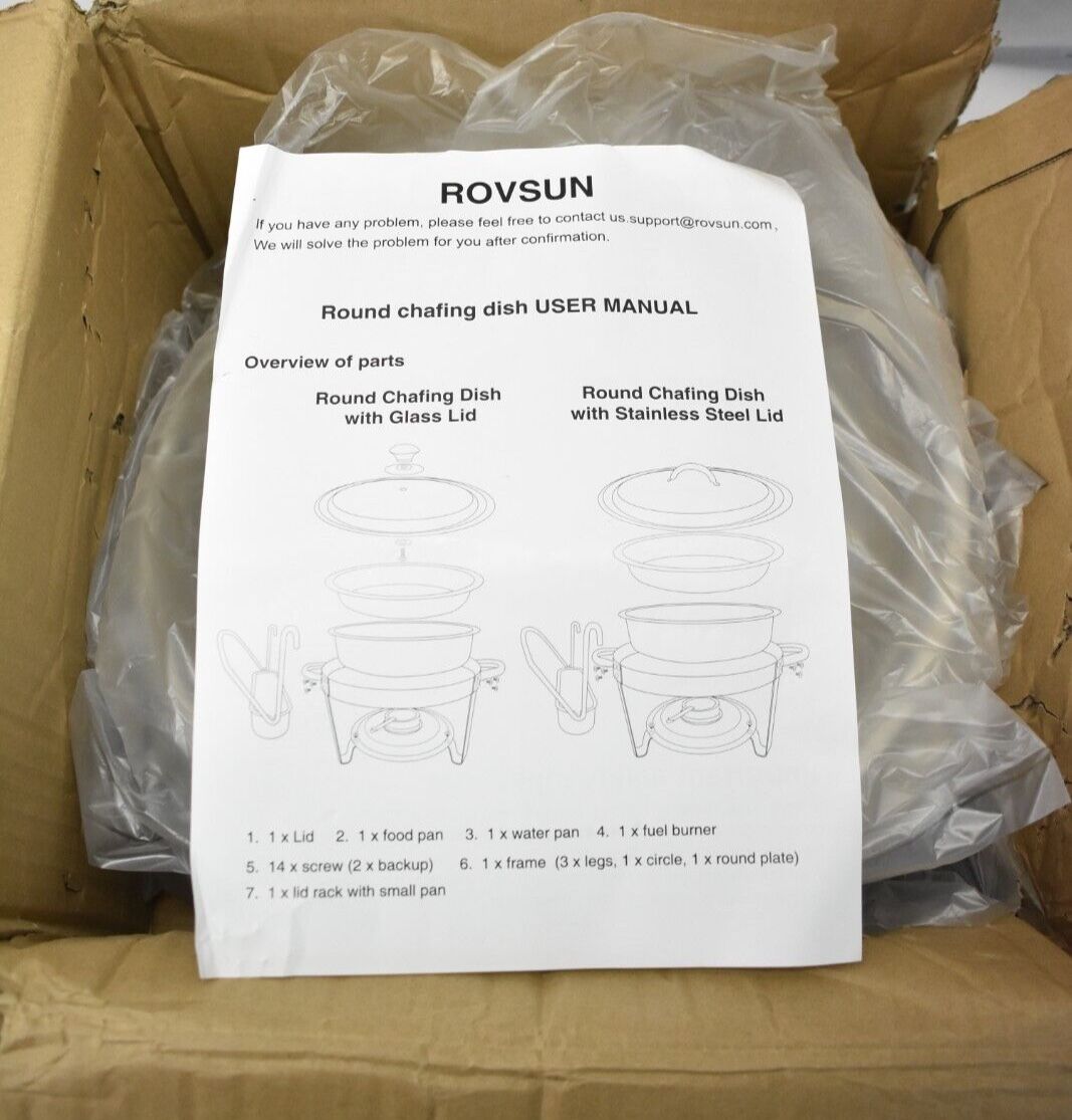 Rovsun Set of 2 5Qt Round Chafing Dish Set (For Buffet/Catering) (Glass & Steel Lids