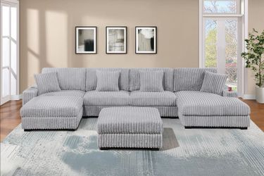 Brand New Light Grey Super Plush Corduroy Modular Sectional Sofa w Ottoman