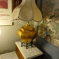 Antique Solid Brass Etched Handpainted Chinese Table Lamp On Cast Iron Stand 