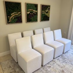 Set of 8 White Restoration Hardware Ellison Fabric side dining chairs. RH